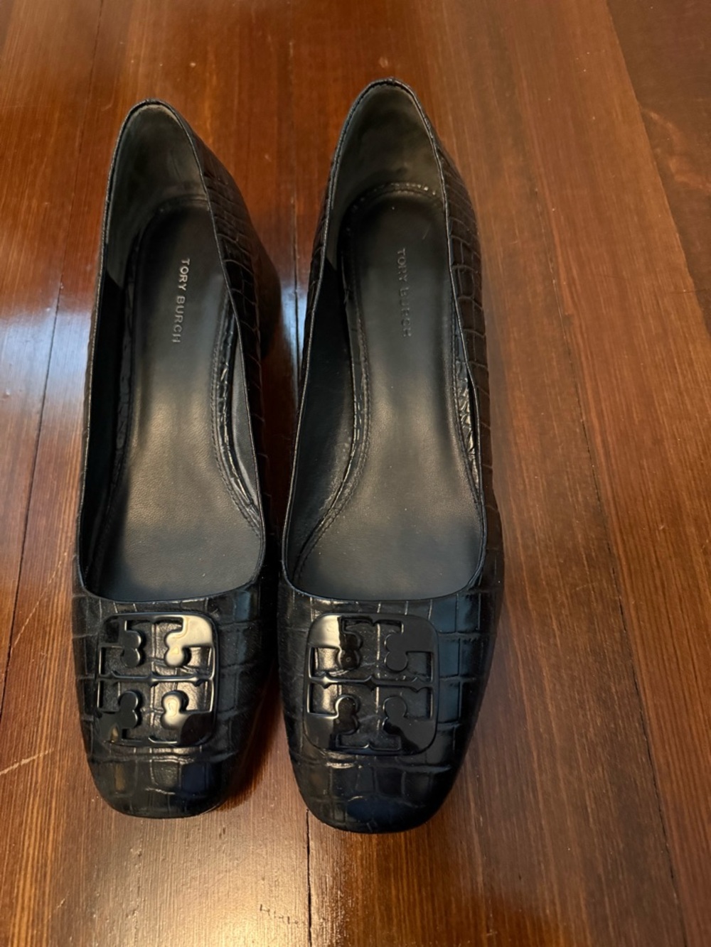 Tory Burch Black Croc-Embossed Logo Flats